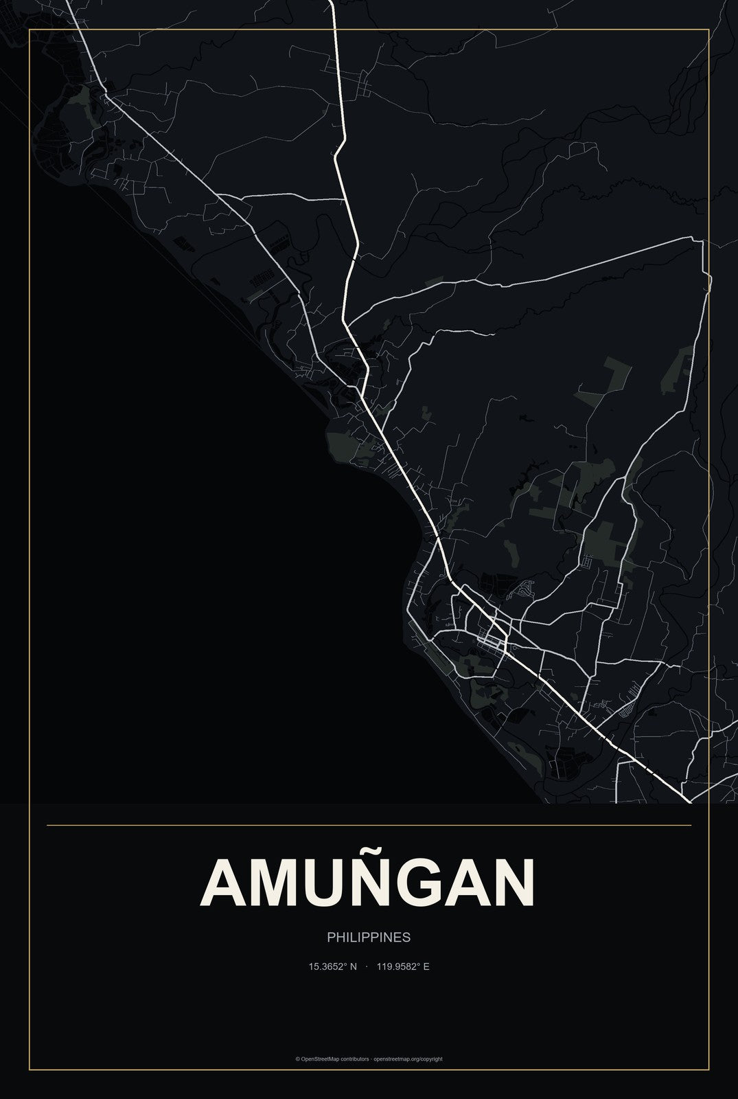 Amuñgan, Philippines City Map Aluminum Sign in Metropolitan Noir style