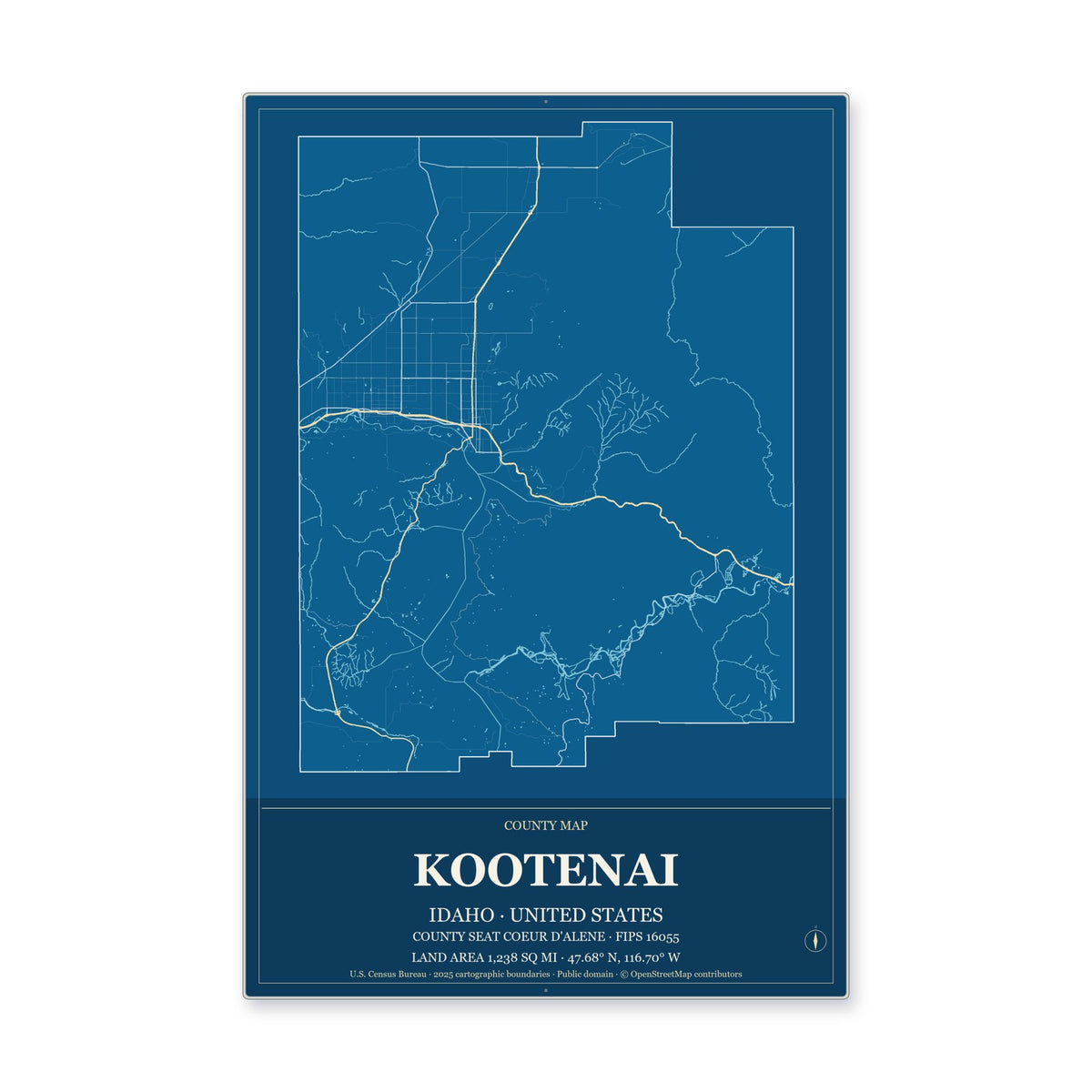 Kootenai County, Idaho Map Aluminum Sign in Harbor Cobalt style