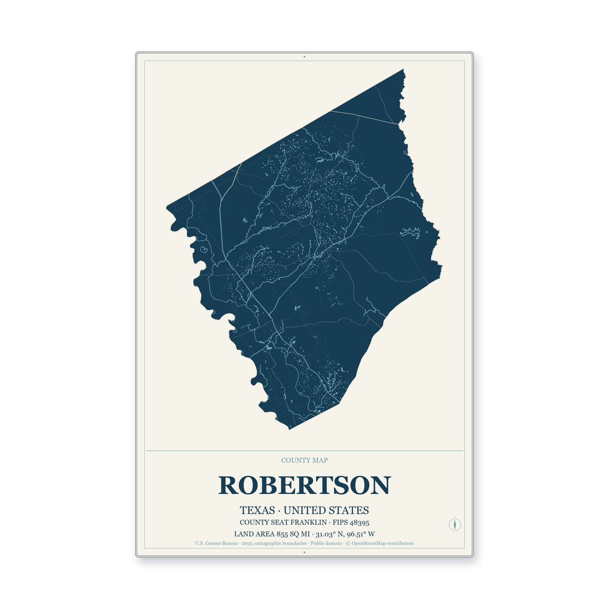 Robertson County, Texas Map Aluminum Sign in Coastal Cutout style