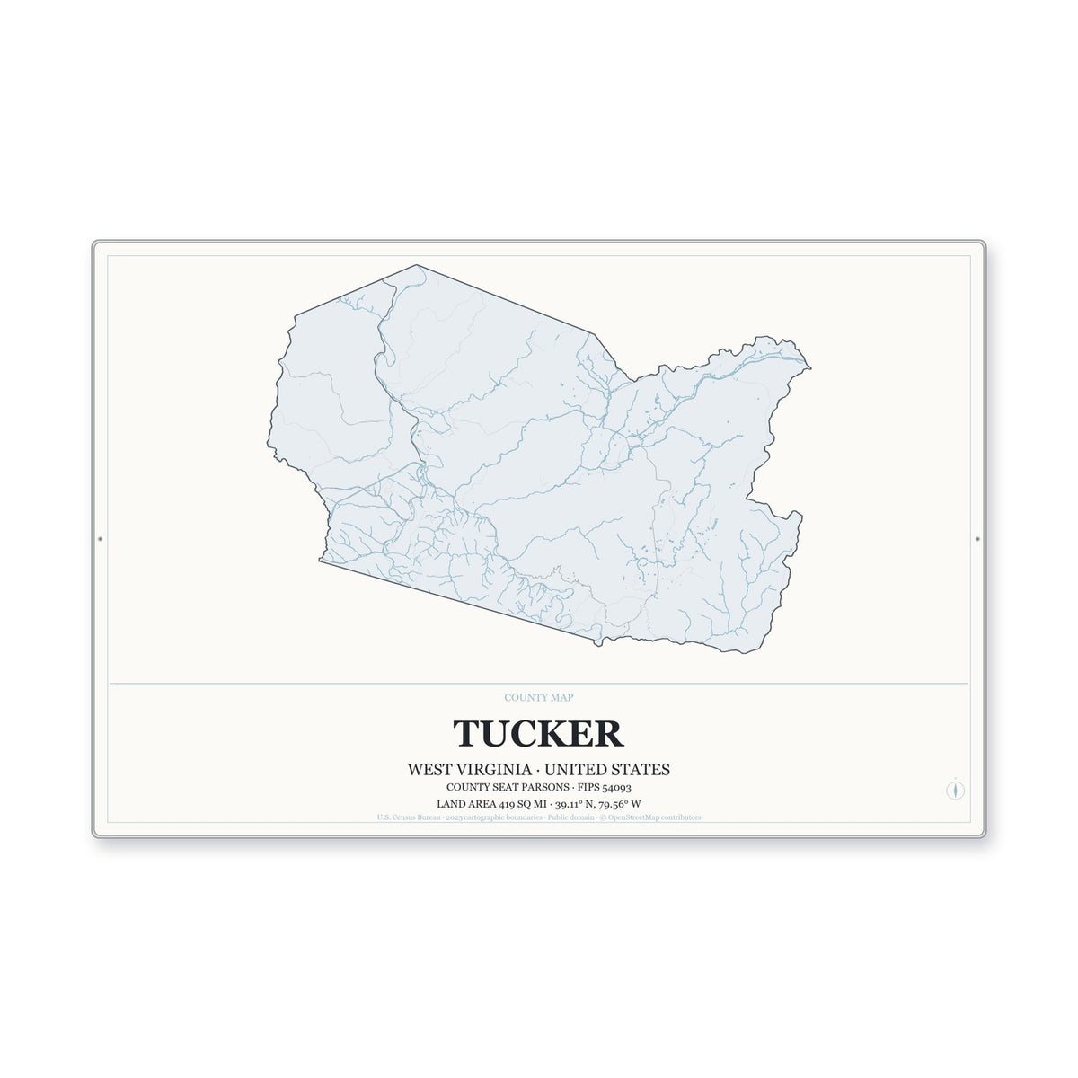 Tucker County, West Virginia Map Aluminum Sign in Gallery Air style