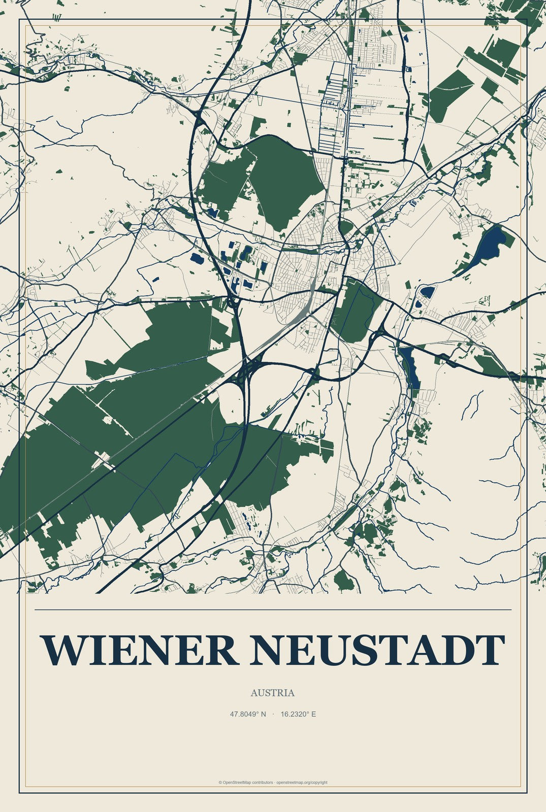Wiener Neustadt, Austria City Map Aluminum Sign in Coastal Cutout style