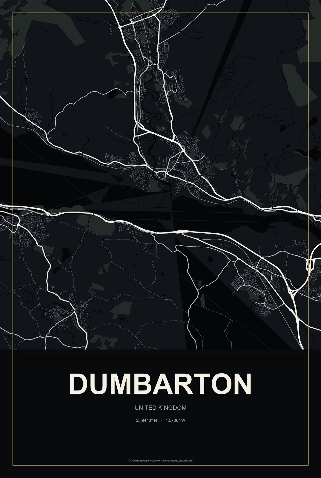 Dumbarton, United Kingdom City Map Aluminum Sign in Metropolitan Noir style