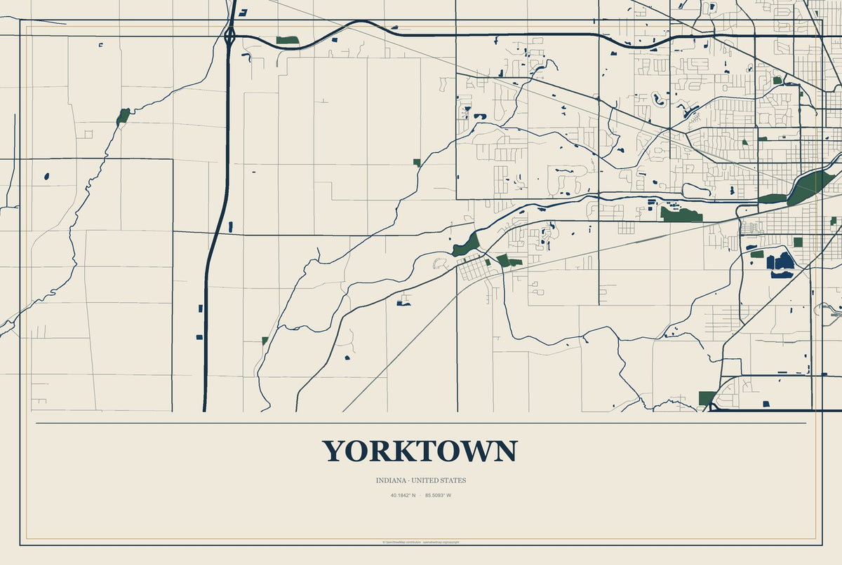 Yorktown, Indiana City Map Aluminum Sign in Coastal Cutout style