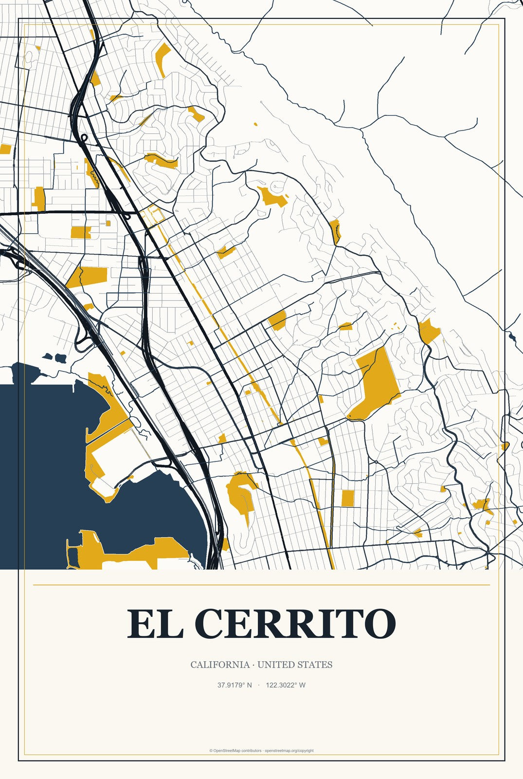 El Cerrito, California City Map Aluminum Sign in Citrine Modern style