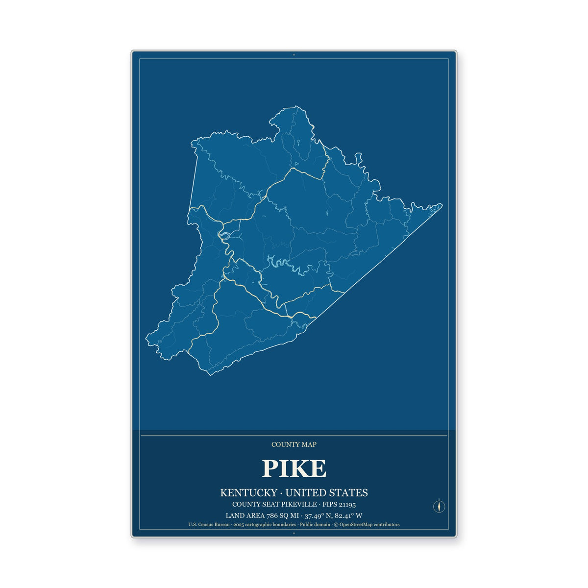 Pike County, Kentucky Map Aluminum Sign in Harbor Cobalt style