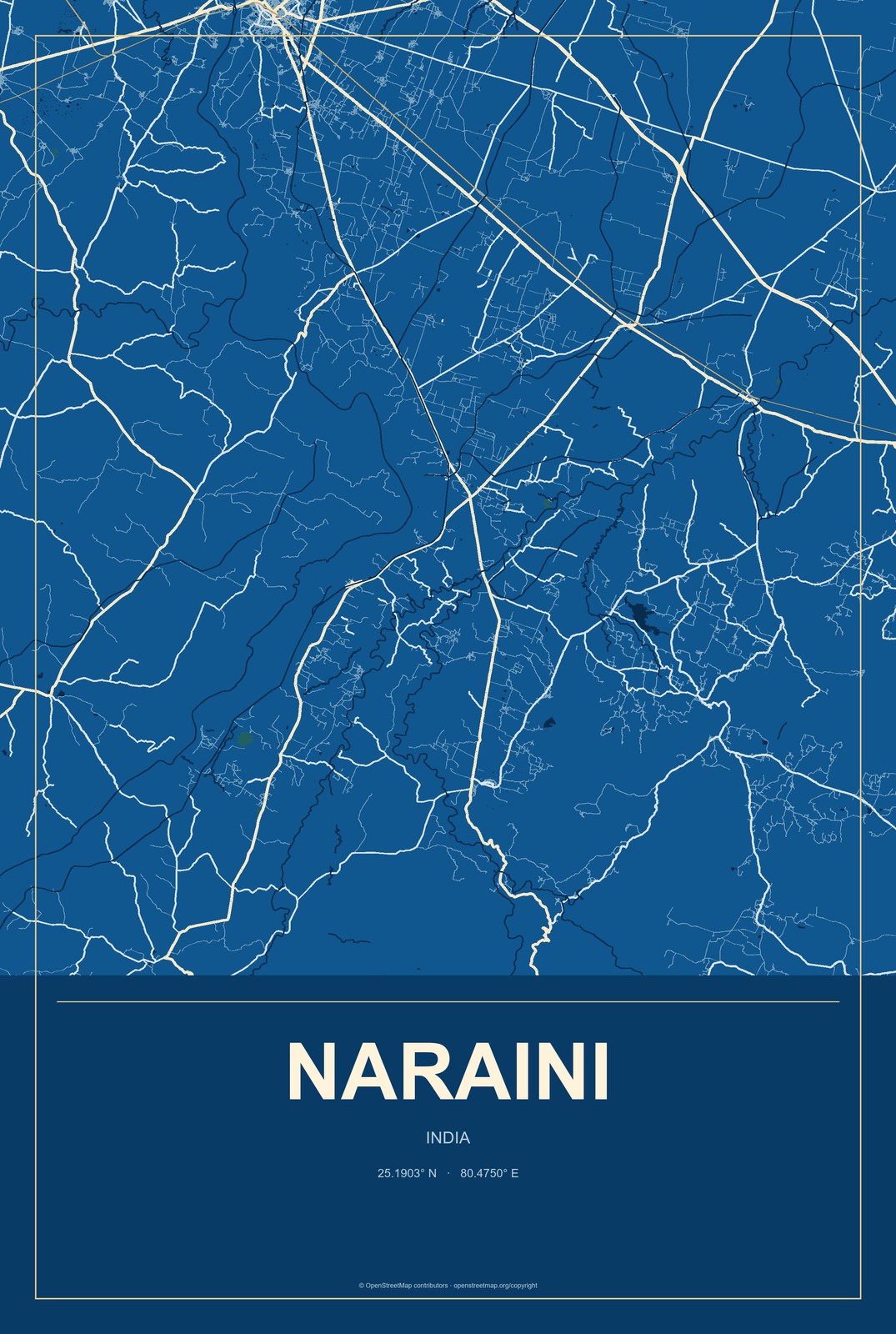 Naraini, India City Map Aluminum Sign in Harbor Cobalt style