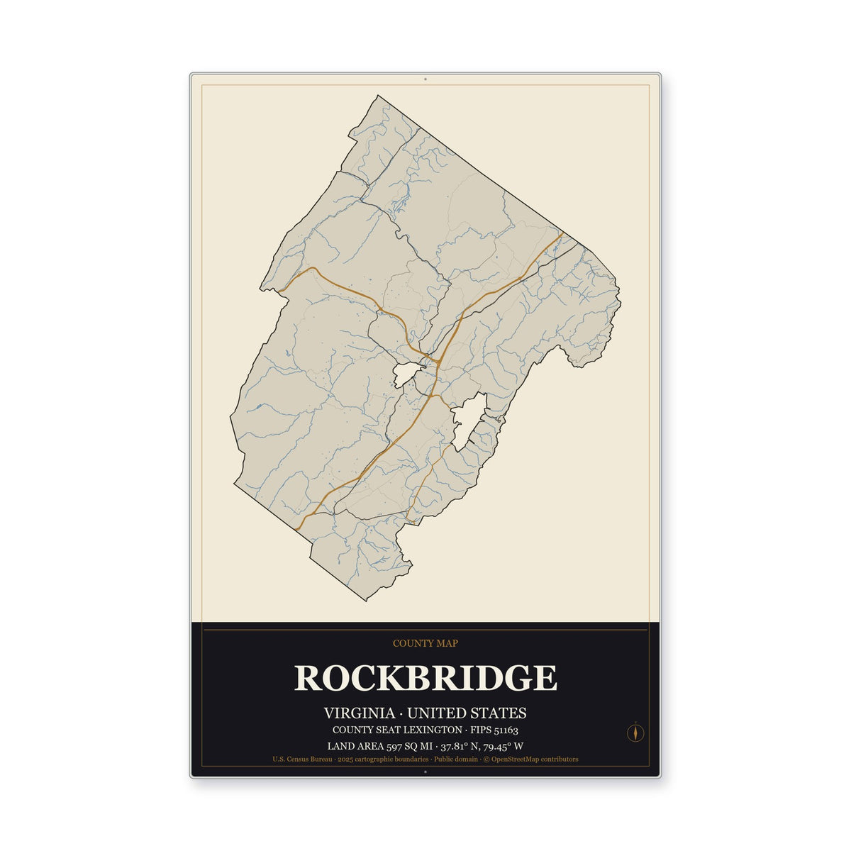 Rockbridge County, Virginia Map Aluminum Sign in Museum Plaque style