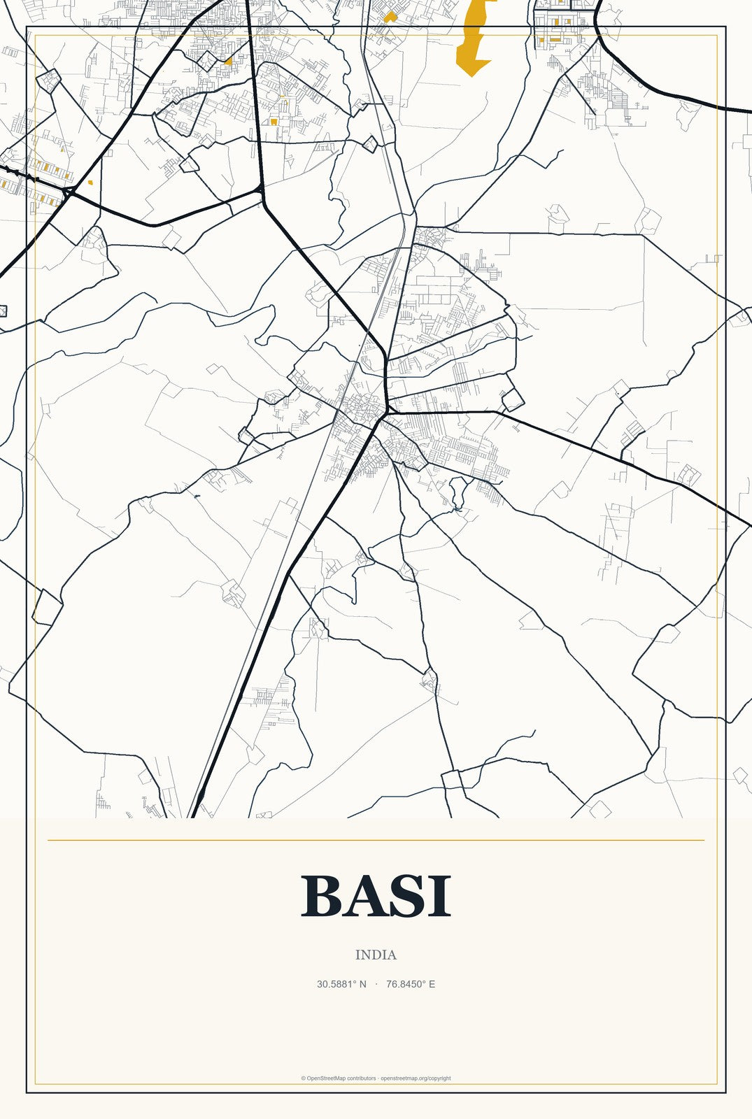 Basi, Punjab, India City Map Aluminum Sign in Citrine Modern style