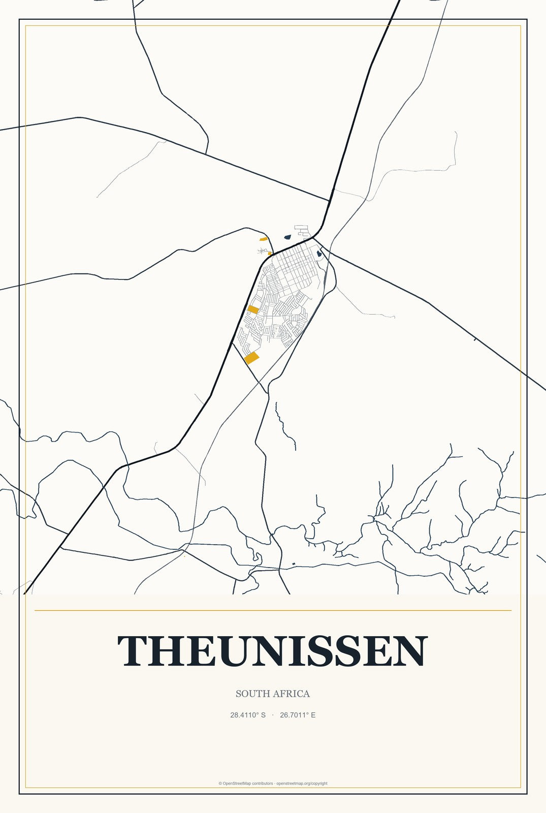 Theunissen, South Africa City Map Aluminum Sign in Citrine Modern style