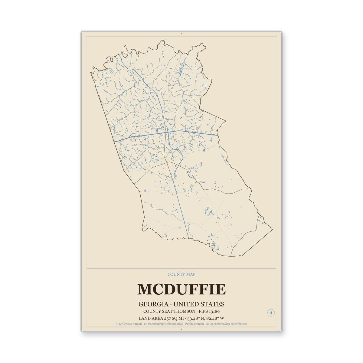 McDuffie County, Georgia Map Aluminum Sign in Heritage Nautical style