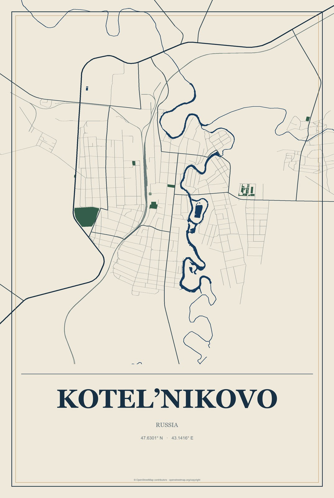 Kotel’nikovo, Russia City Map Aluminum Sign in Coastal Cutout style