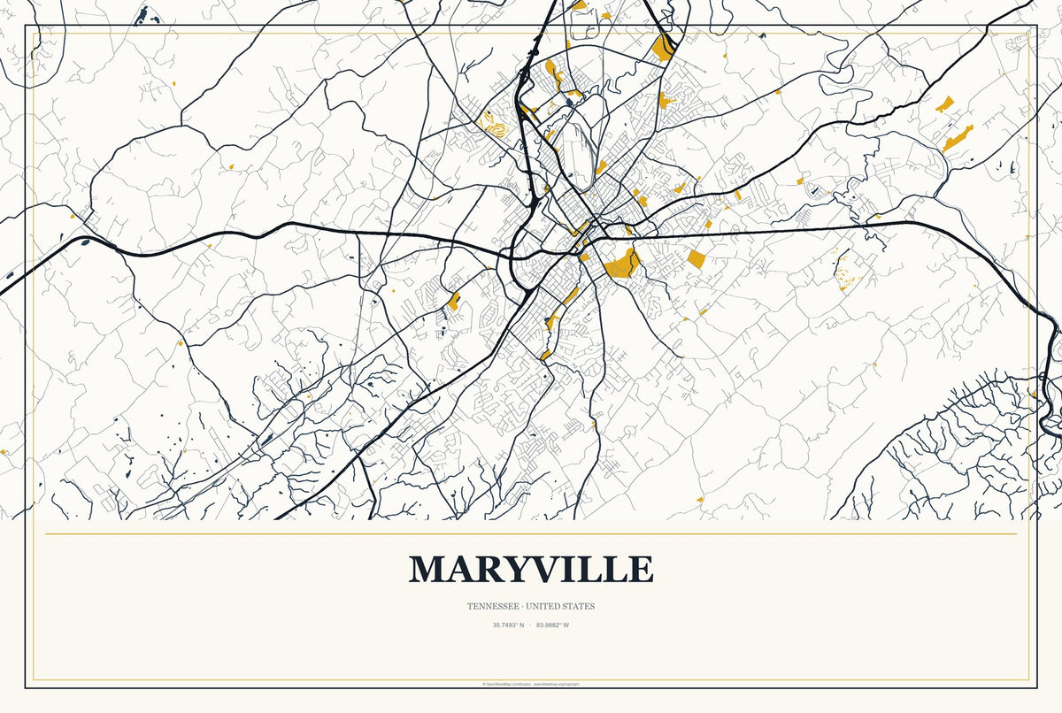 Maryville, Tennessee City Map Aluminum Sign in Citrine Modern style