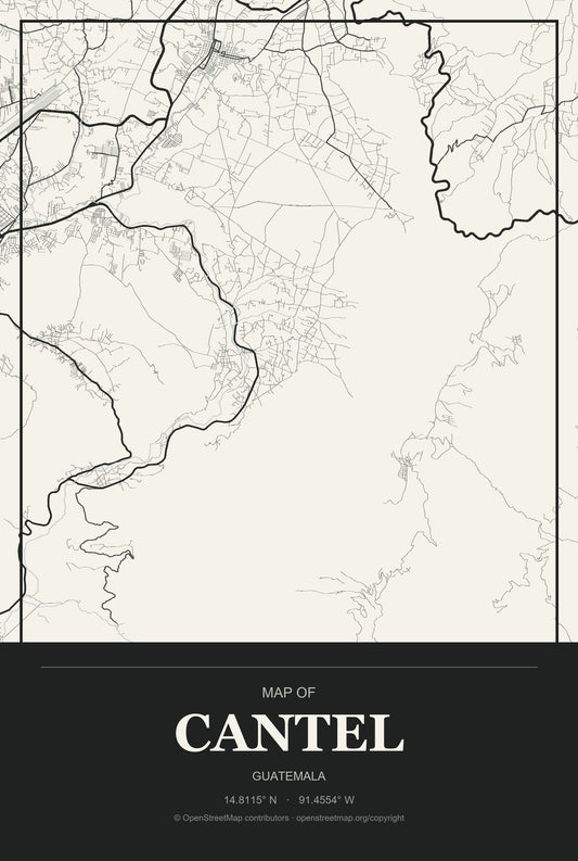 Cantel, Guatemala City Map Aluminum Sign in Museum Plaque style