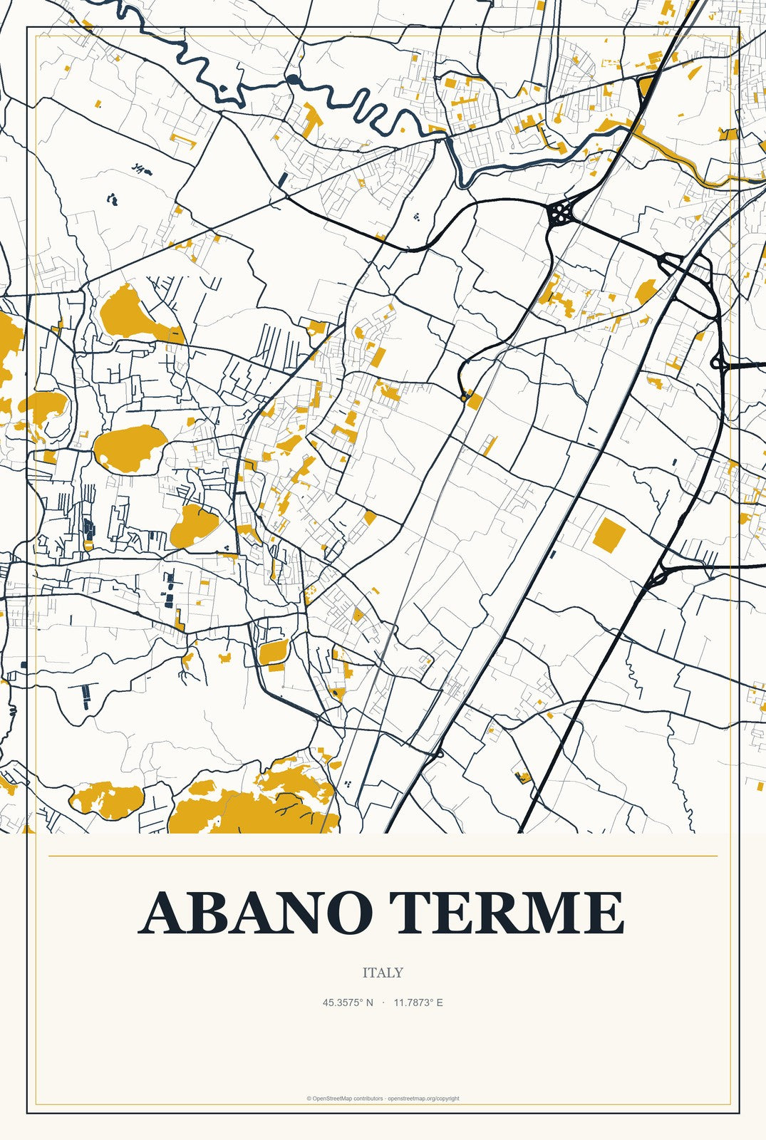 Abano Terme, Italy City Map Aluminum Sign in Citrine Modern style