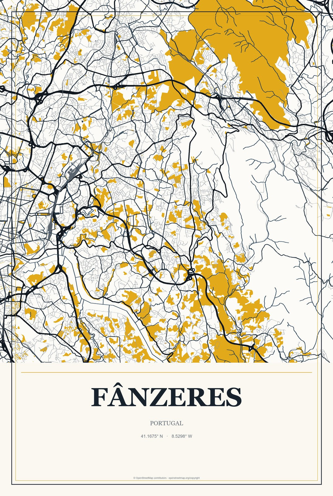Fânzeres, Portugal City Map Aluminum Sign in Citrine Modern style