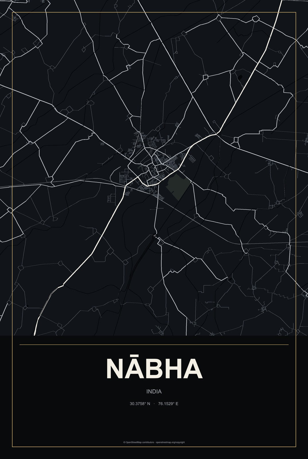 Nābha, India City Map Aluminum Sign in Metropolitan Noir style