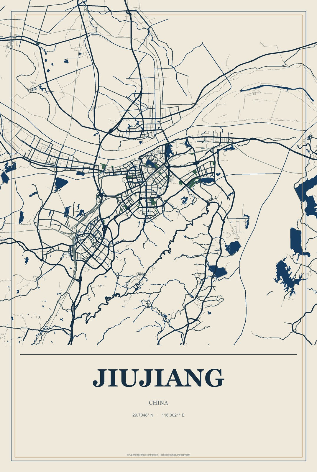 Jiujiang, China City Map Aluminum Sign in Coastal Cutout style