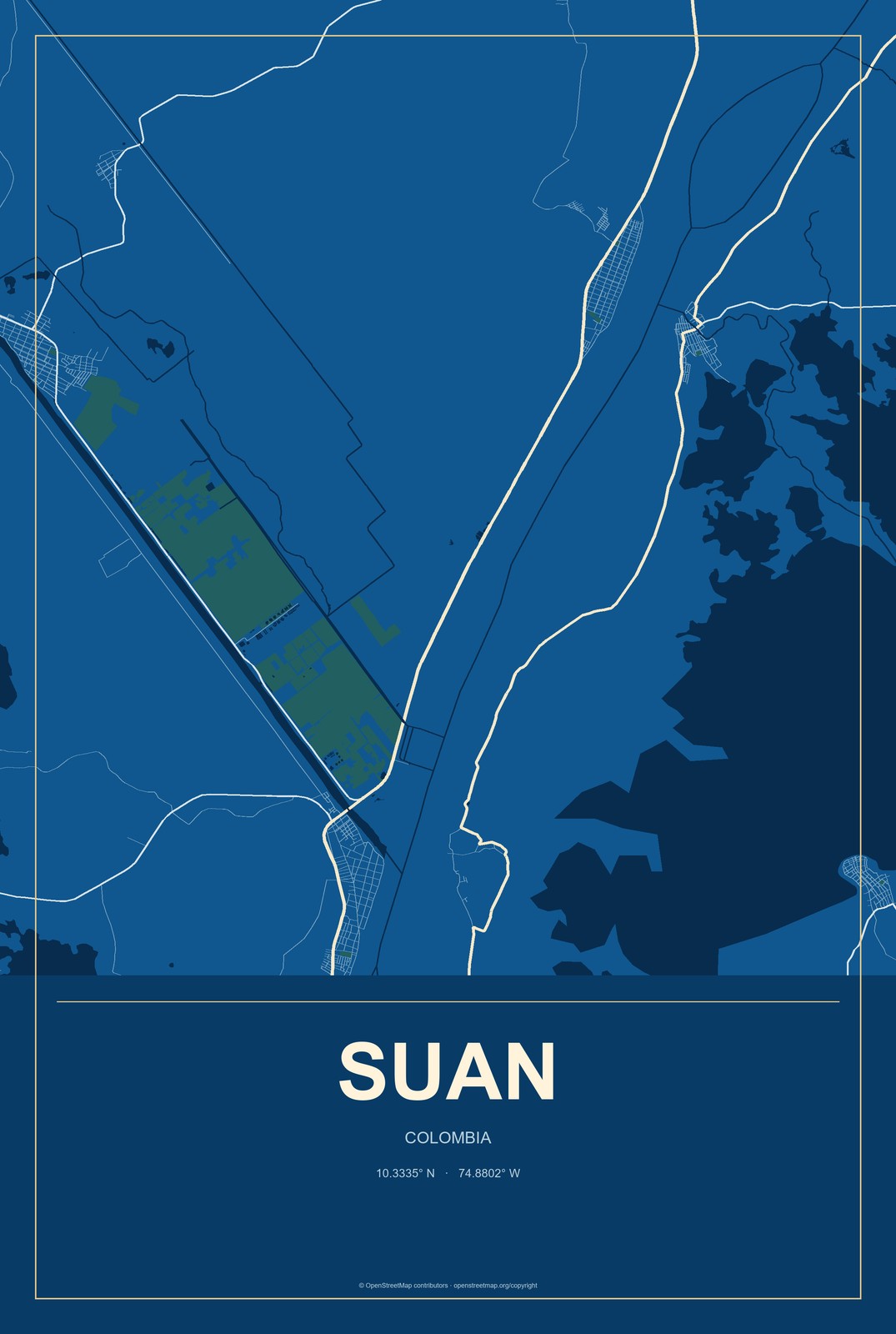 Suan, Colombia City Map Aluminum Sign in Harbor Cobalt style