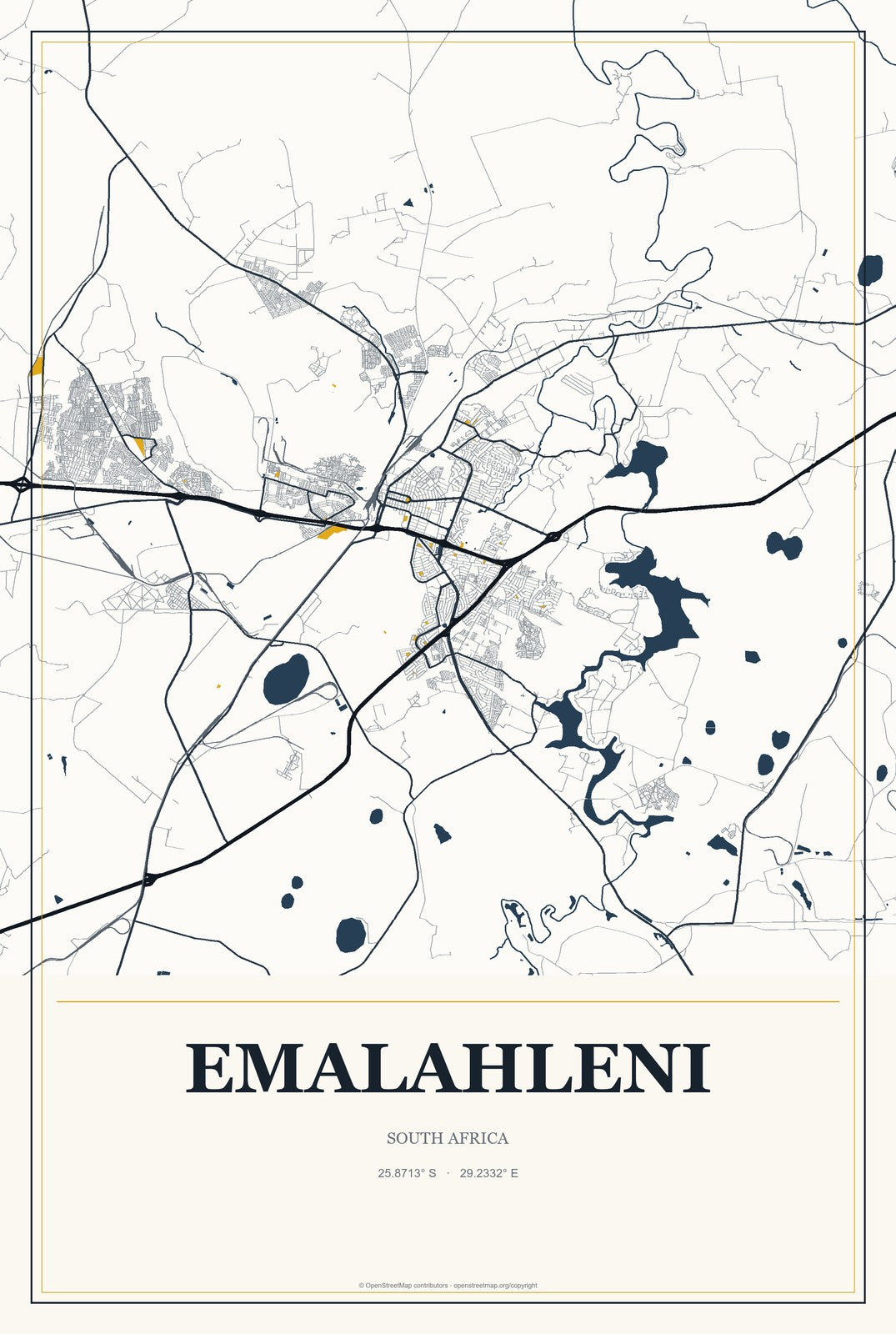 Emalahleni, South Africa City Map Aluminum Sign in Citrine Modern style