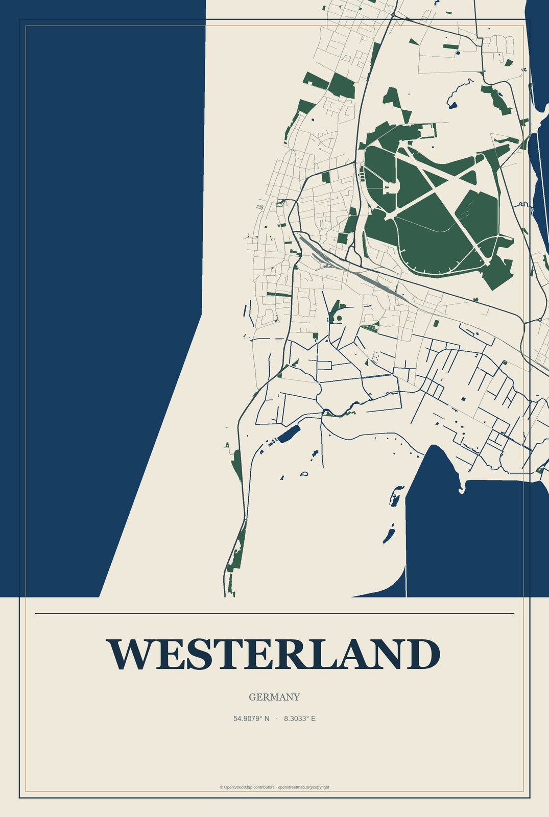 Westerland, Germany City Map Aluminum Sign in Coastal Cutout style