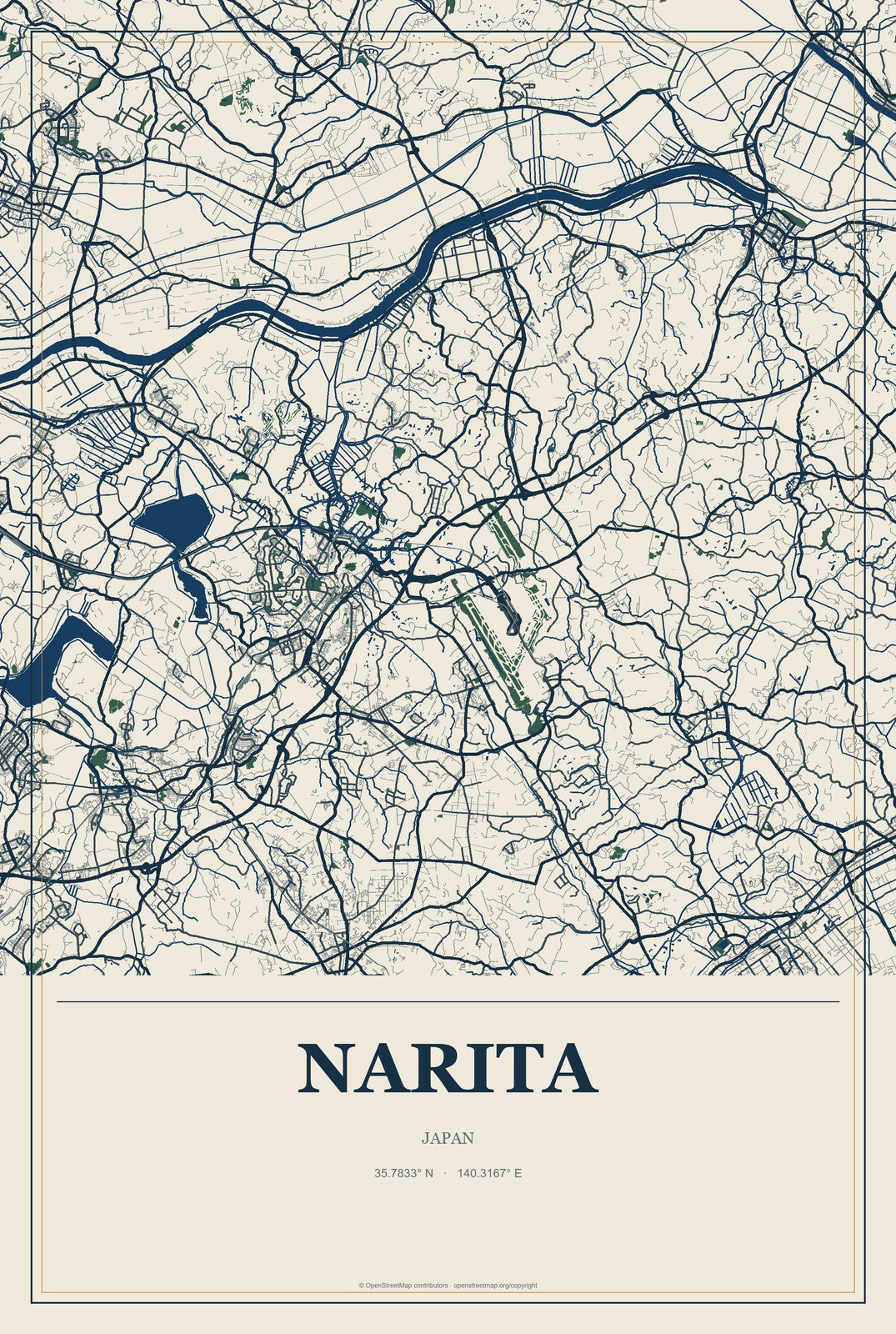 Narita, Japan City Map Aluminum Sign in Coastal Cutout style