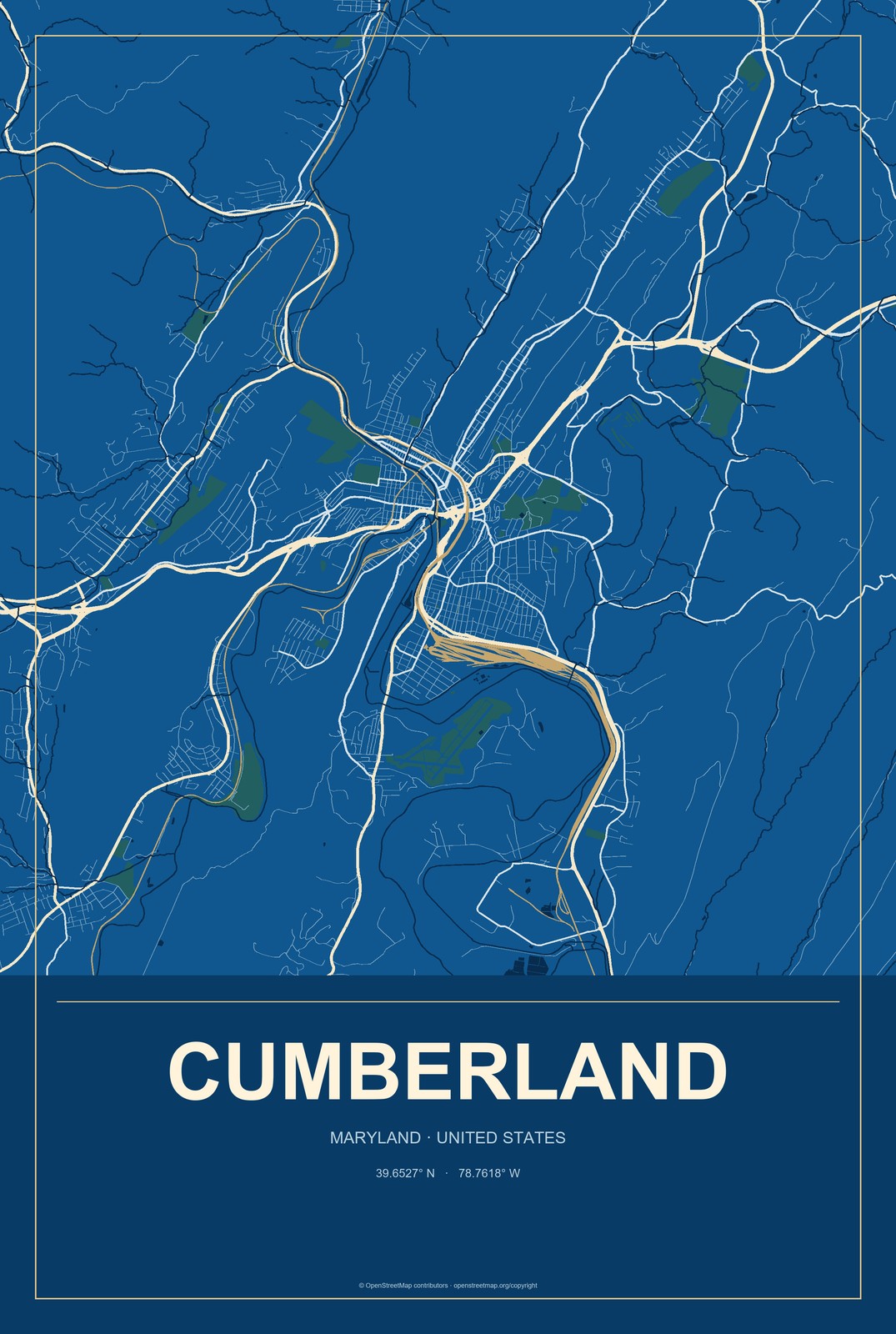 Cumberland, Maryland City Map Aluminum Sign in Harbor Cobalt style