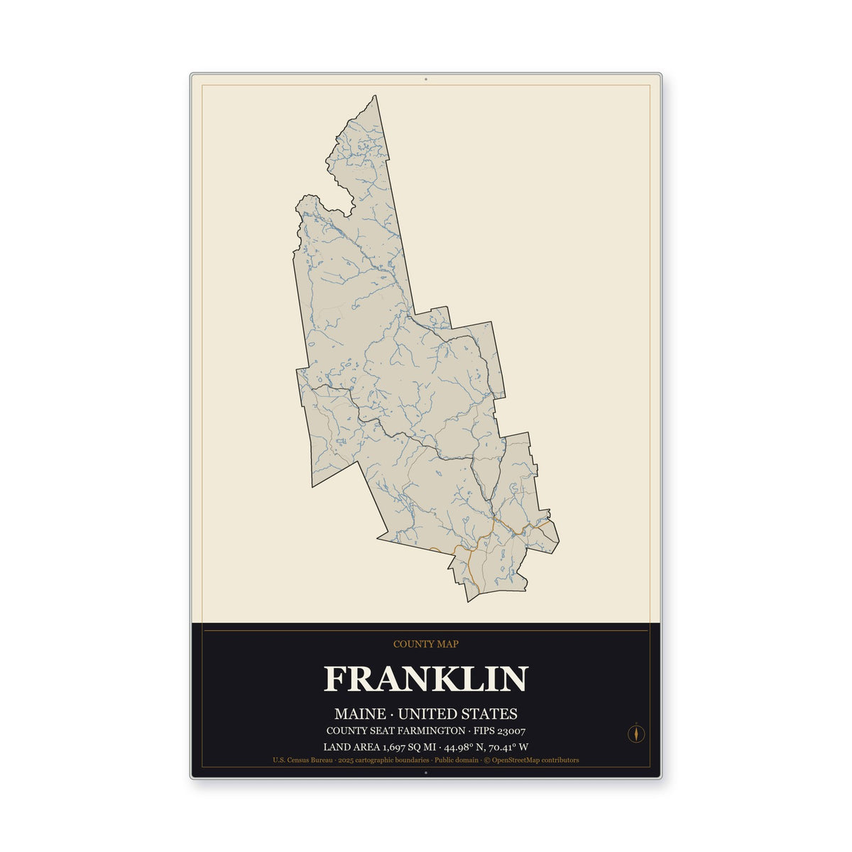 Franklin County, Maine Map Aluminum Sign in Museum Plaque style