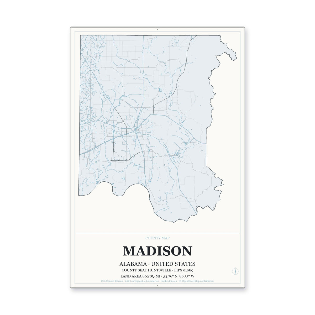 Madison County, Alabama Map Aluminum Sign in Gallery Air style