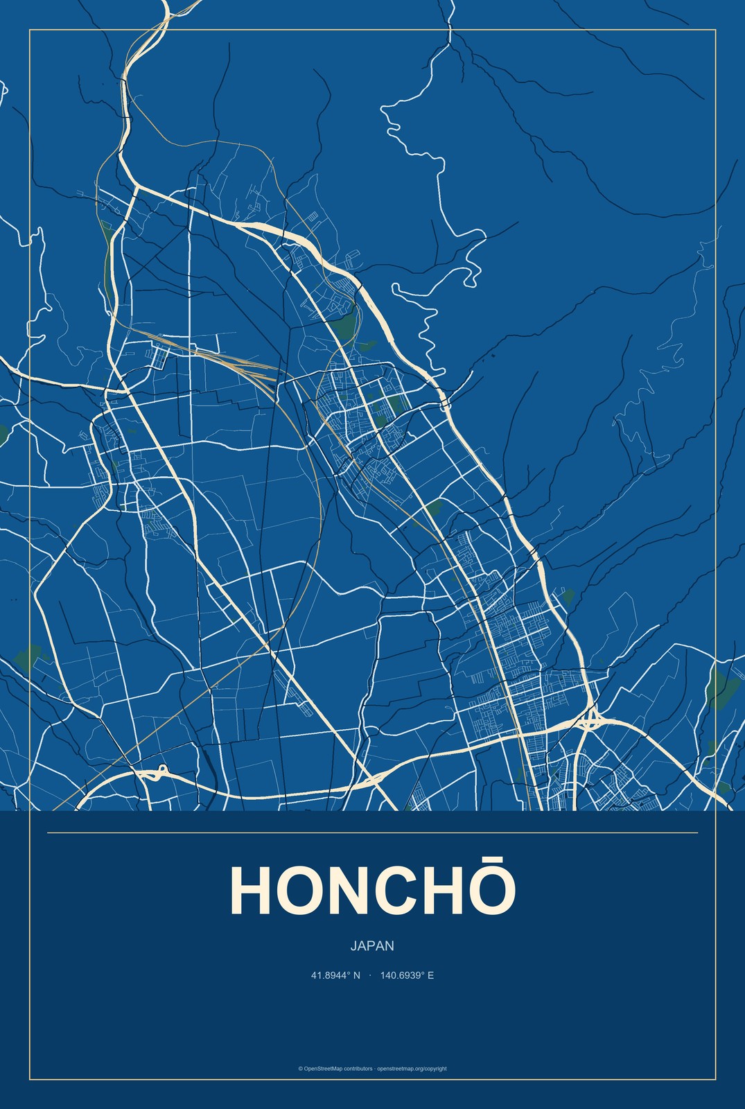 Honchō, Japan City Map Aluminum Sign in Harbor Cobalt style
