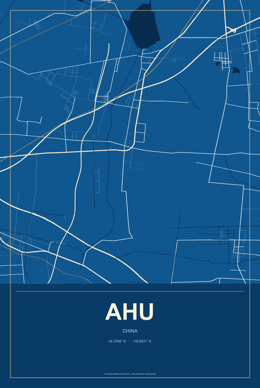 Ahu, China City Map Aluminum Sign in Harbor Cobalt style