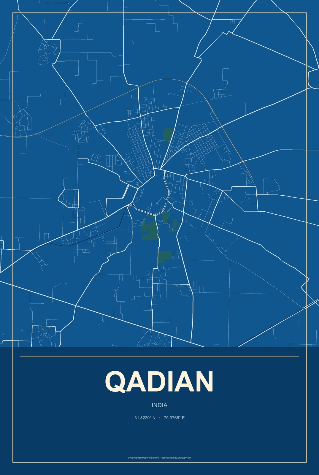 Qadian, India City Map Aluminum Sign in Harbor Cobalt style