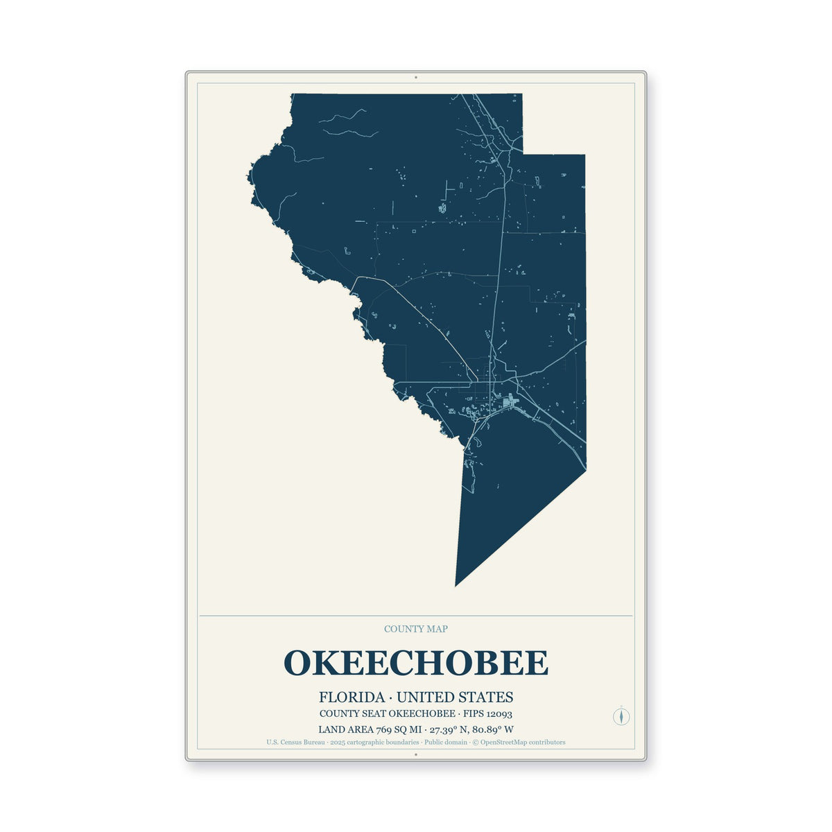 Okeechobee County, Florida Map Aluminum Sign in Coastal Cutout style