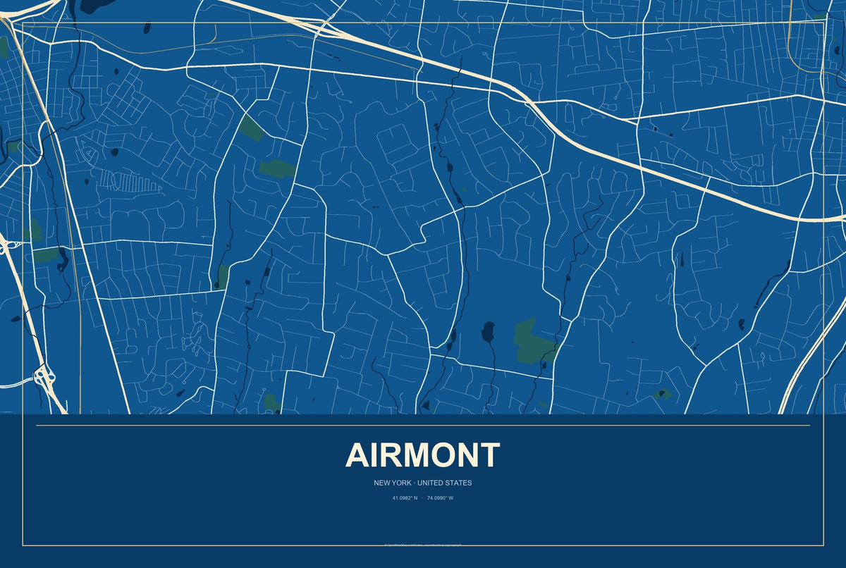 Airmont, New York City Map Aluminum Sign in Harbor Cobalt style