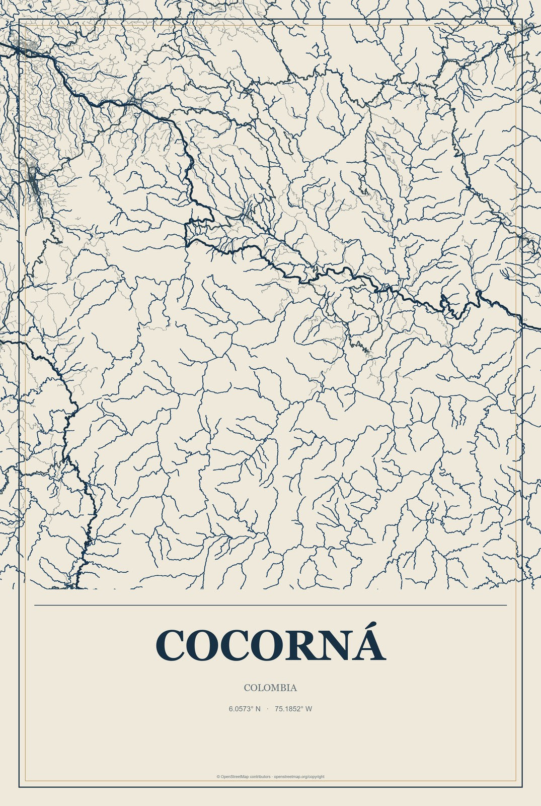 Cocorná, Colombia City Map Aluminum Sign in Coastal Cutout style