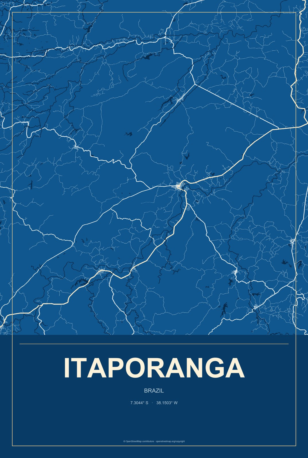 Itaporanga, São Paulo, Brazil City Map Aluminum Sign in Harbor Cobalt style