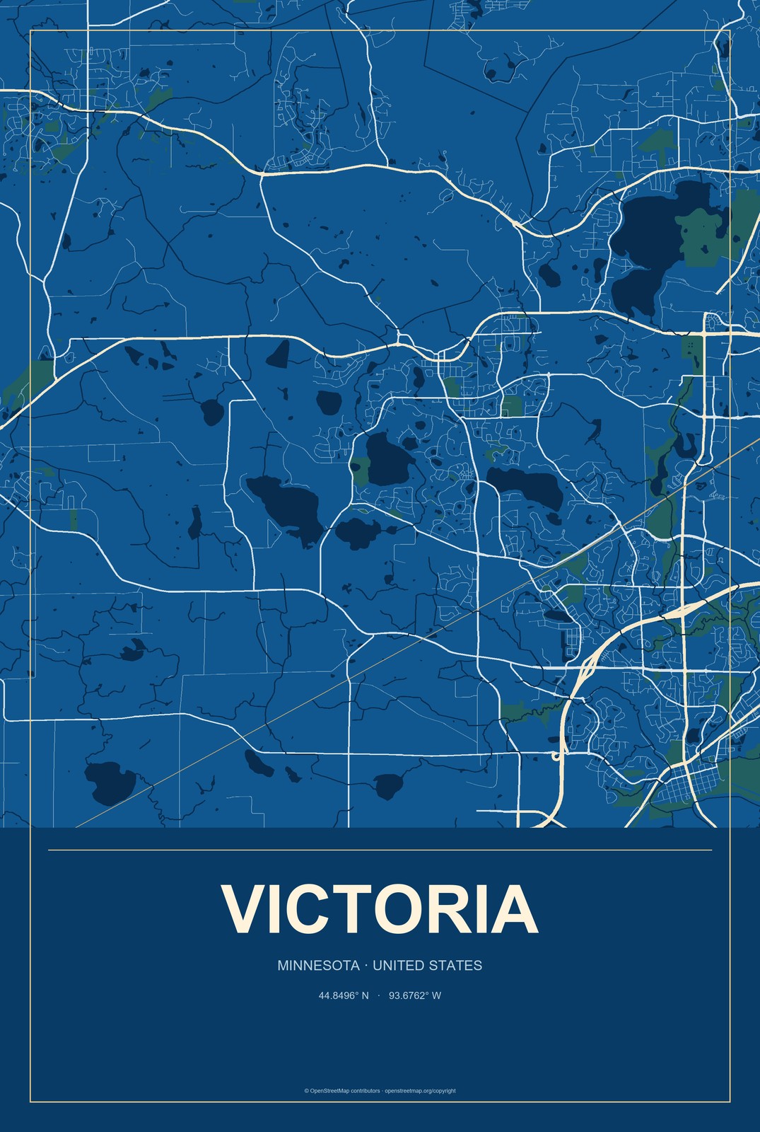 Victoria, Minnesota City Map Aluminum Sign in Harbor Cobalt style