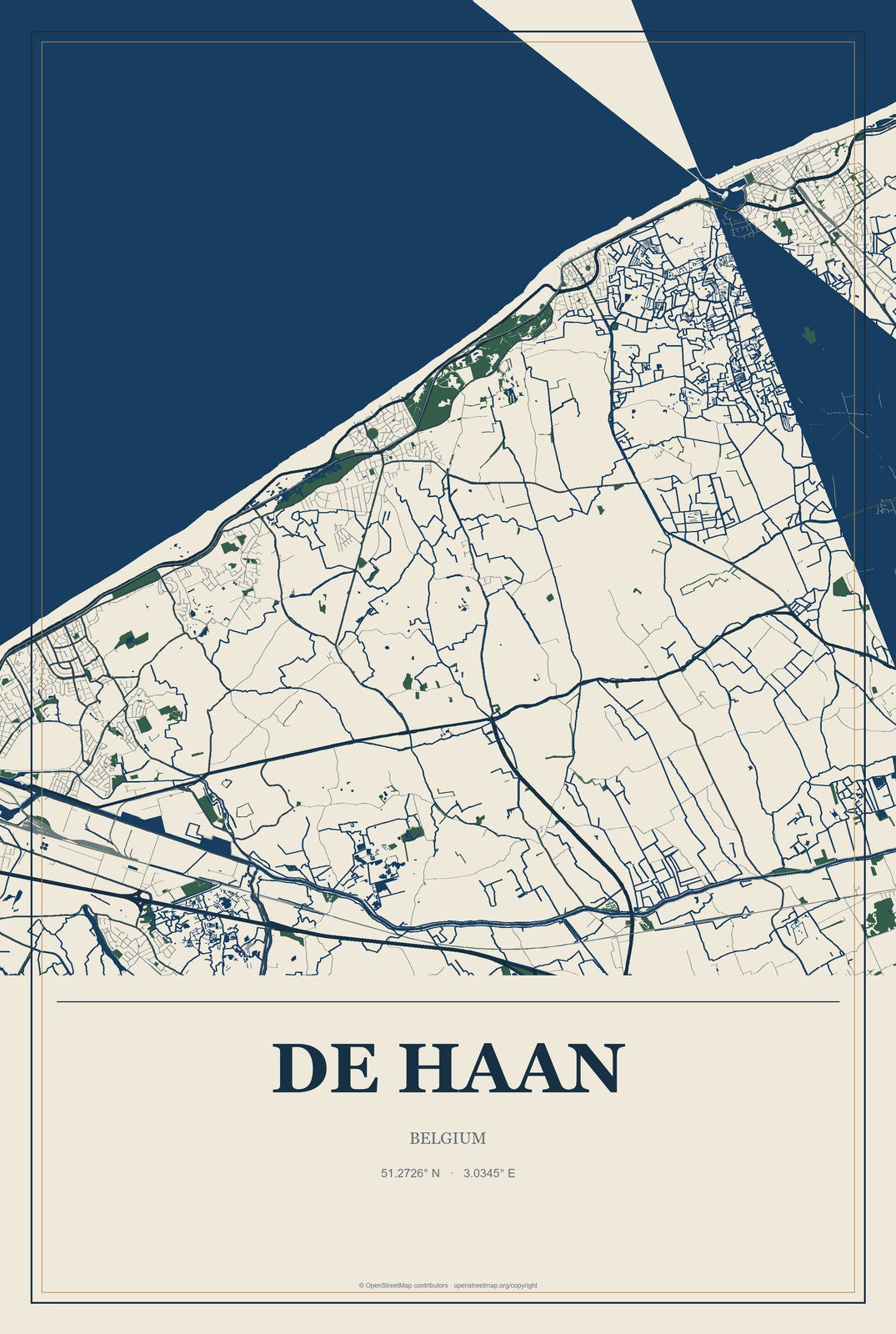 De Haan, Belgium City Map Aluminum Sign in Coastal Cutout style