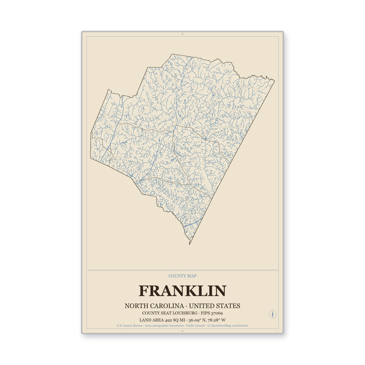 Franklin County, North Carolina Map Aluminum Sign in Heritage Nautical style