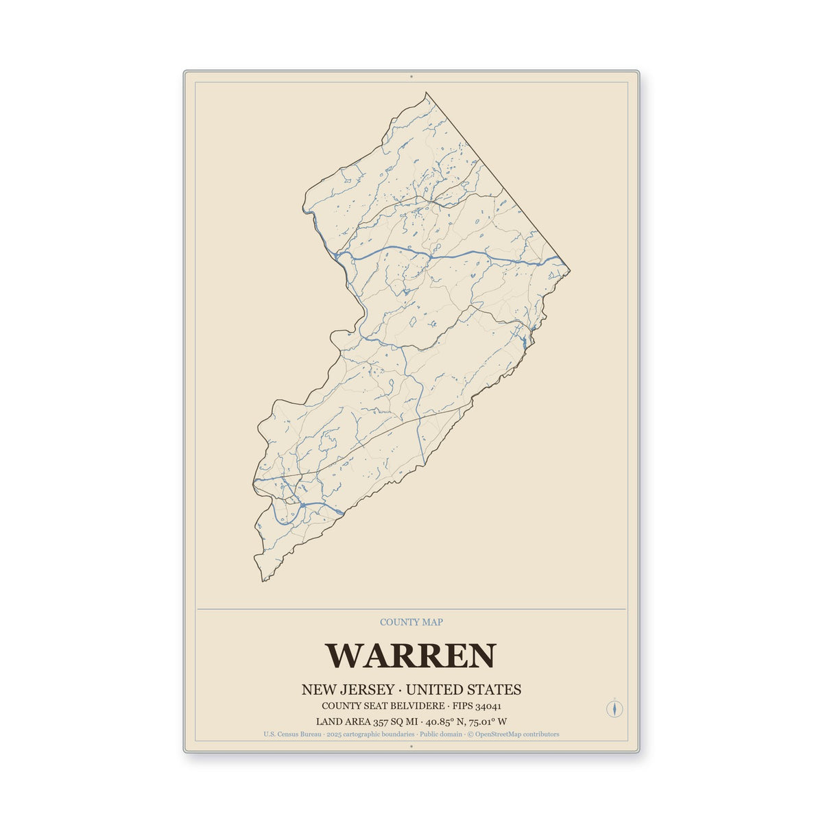 Warren County, New Jersey Map Aluminum Sign in Heritage Nautical style