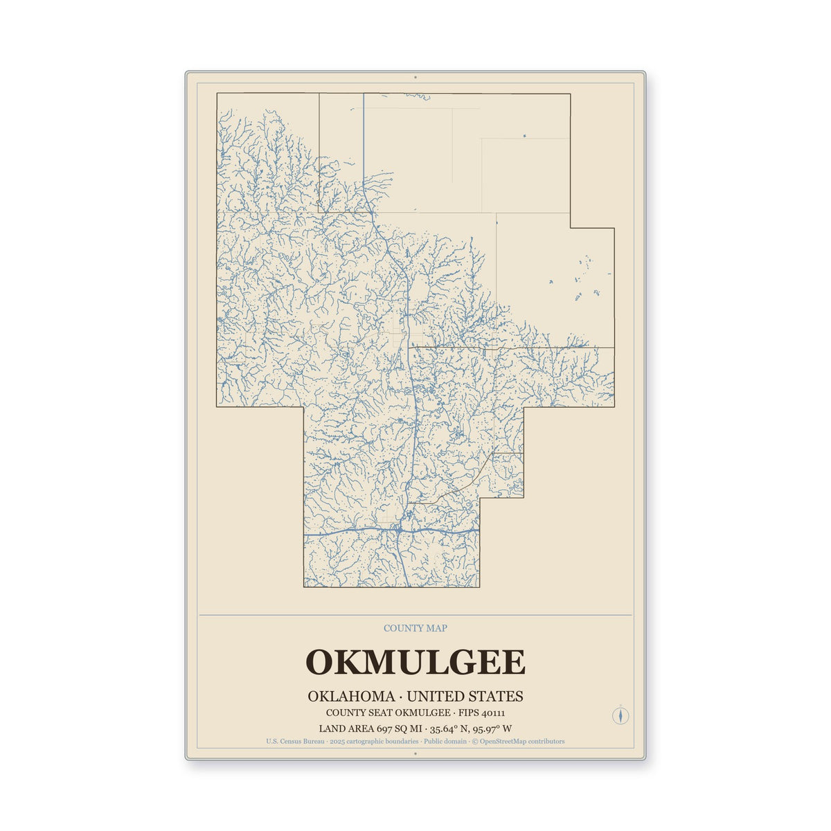 Okmulgee County, Oklahoma Map Aluminum Sign in Heritage Nautical style