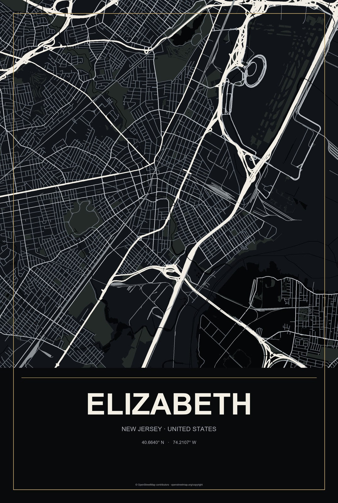 Elizabeth, New Jersey City Map Aluminum Sign in Metropolitan Noir style
