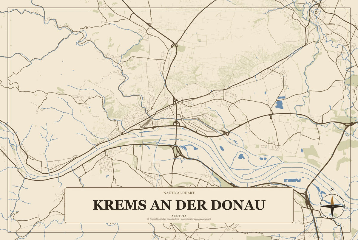Krems an der Donau, Austria City Map Aluminum Sign in Heritage Nautical style