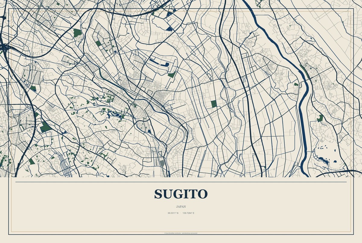 Sugito, Japan City Map Aluminum Sign in Coastal Cutout style