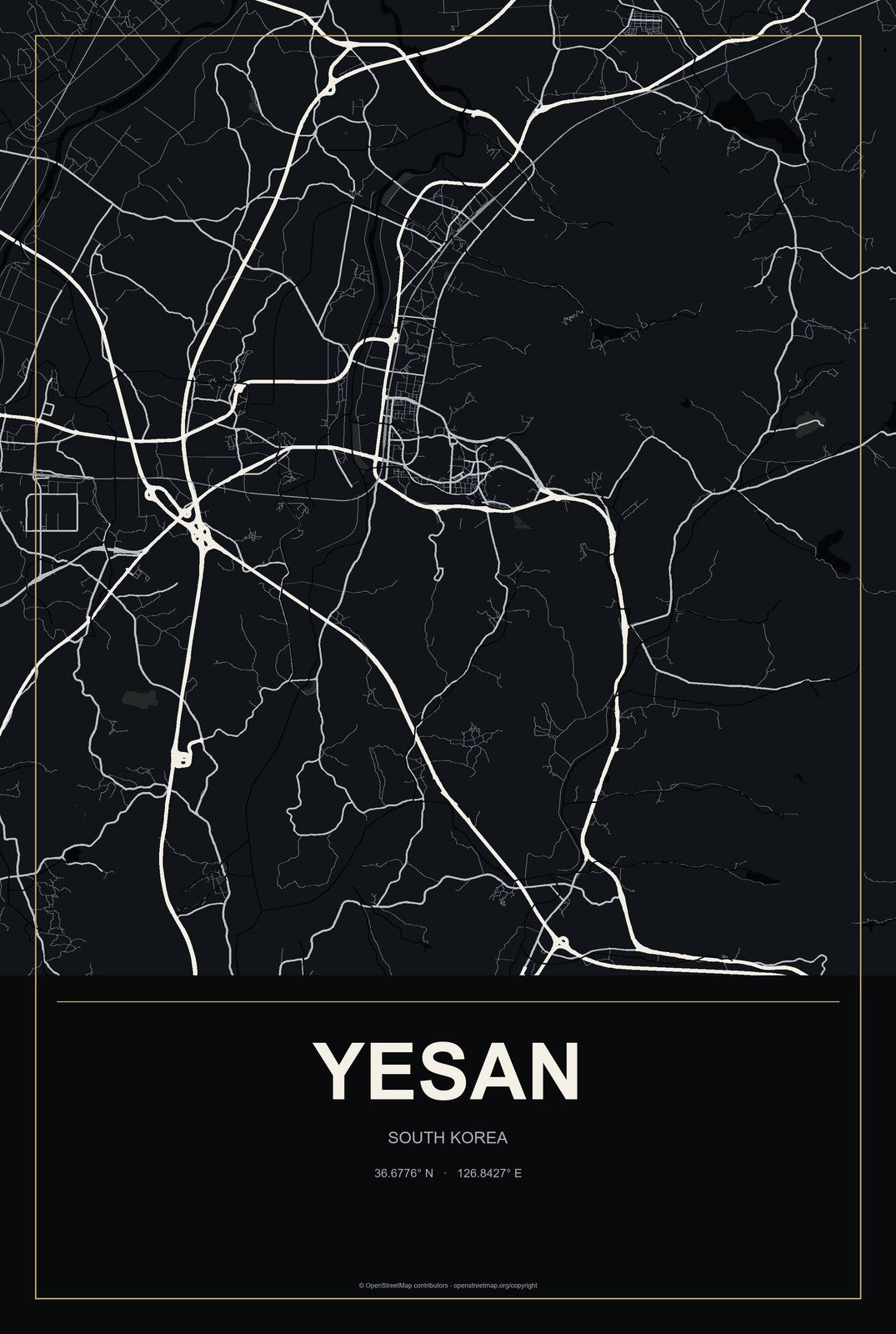 Yesan, South Korea City Map Aluminum Sign in Metropolitan Noir style