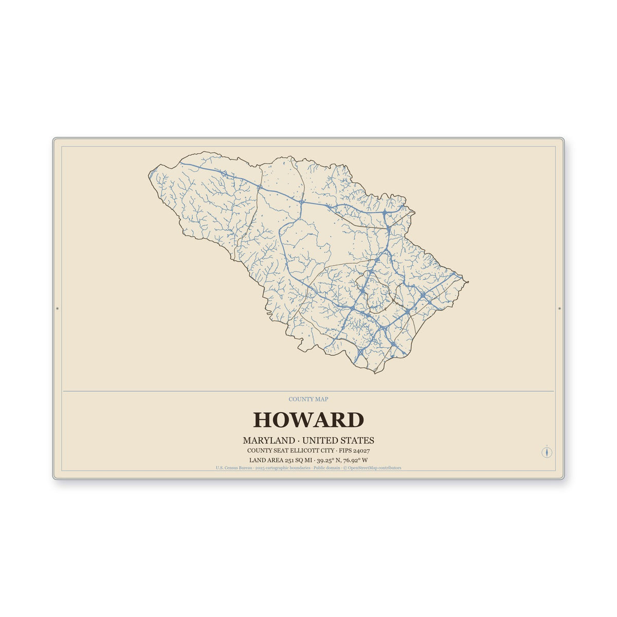Howard County, Maryland Map Aluminum Sign in Heritage Nautical style