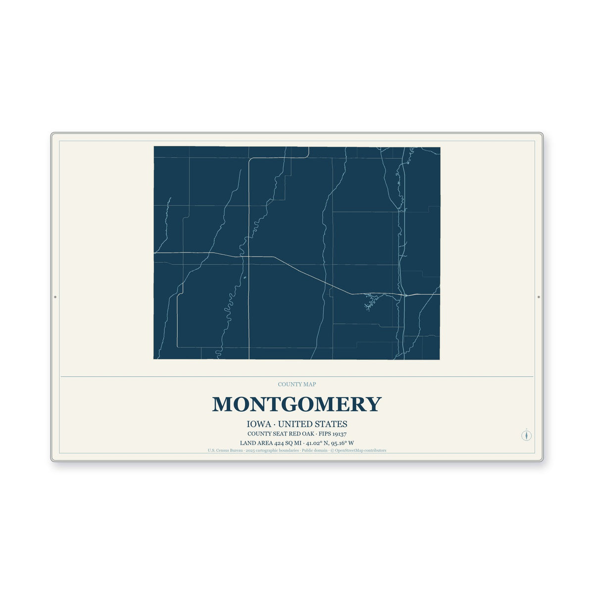Montgomery County, Iowa Map Aluminum Sign in Coastal Cutout style