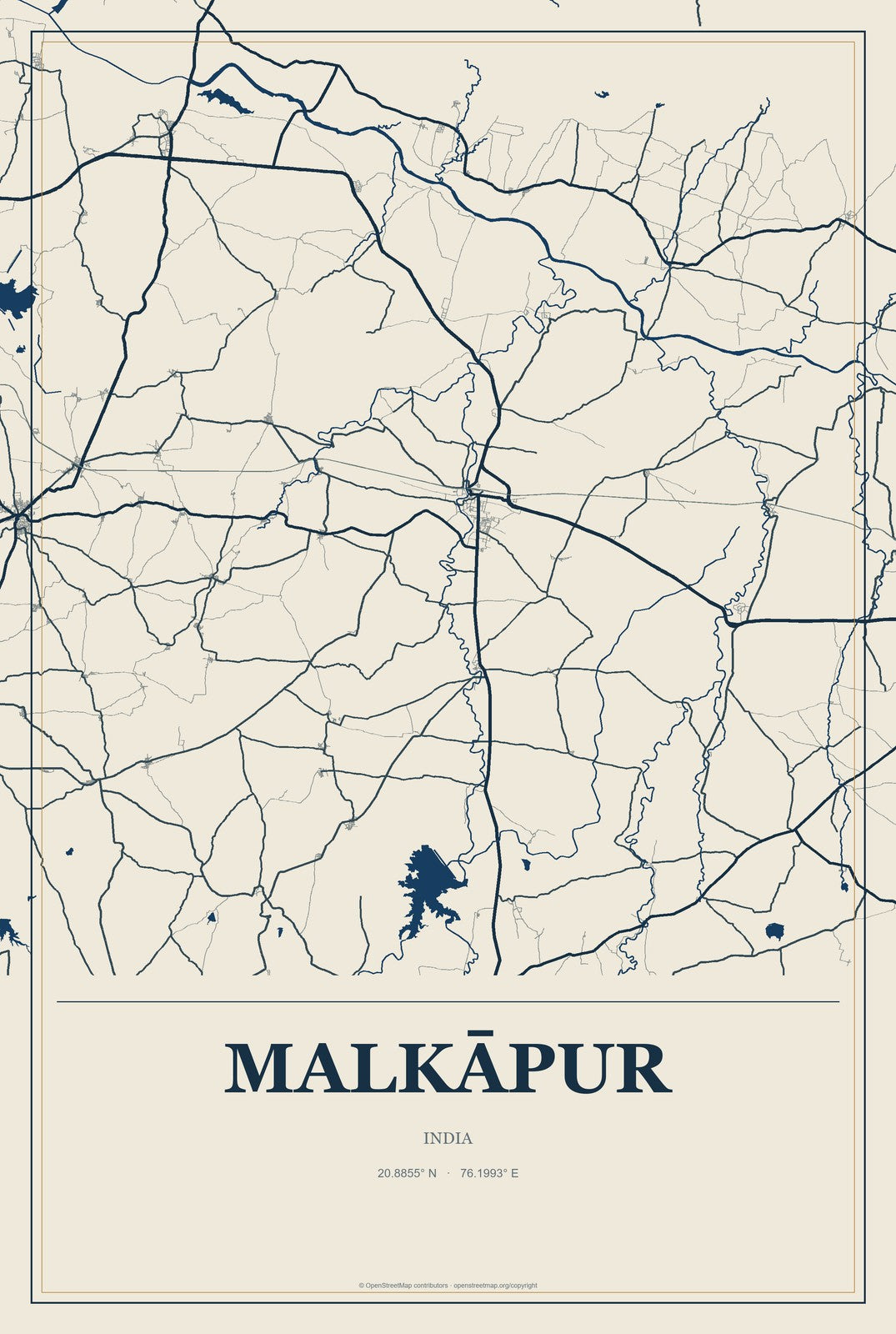 Malkāpur, India City Map Aluminum Sign in Coastal Cutout style