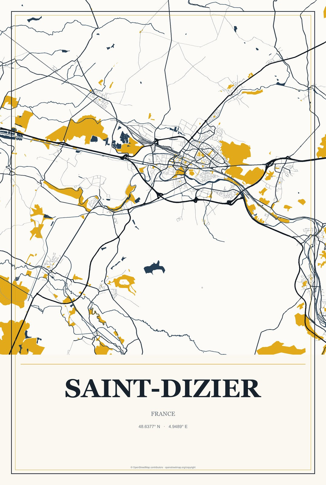 Saint-Dizier, France City Map Aluminum Sign in Citrine Modern style