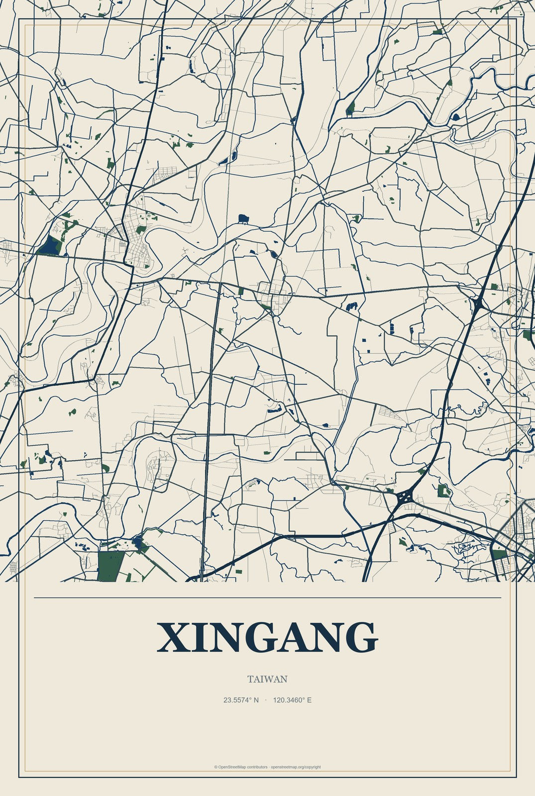 Xingang, Taiwan City Map Aluminum Sign in Coastal Cutout style