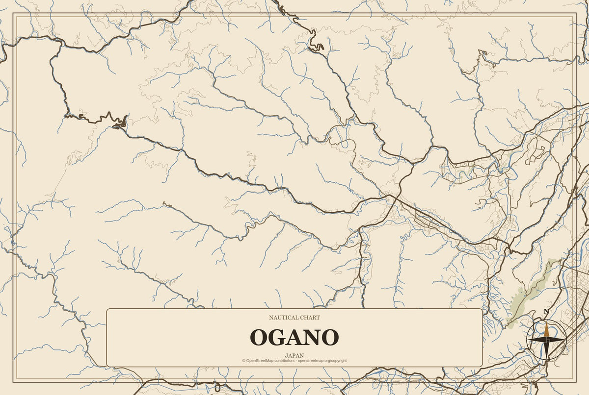 Ogano, Japan City Map Aluminum Sign in Heritage Nautical style